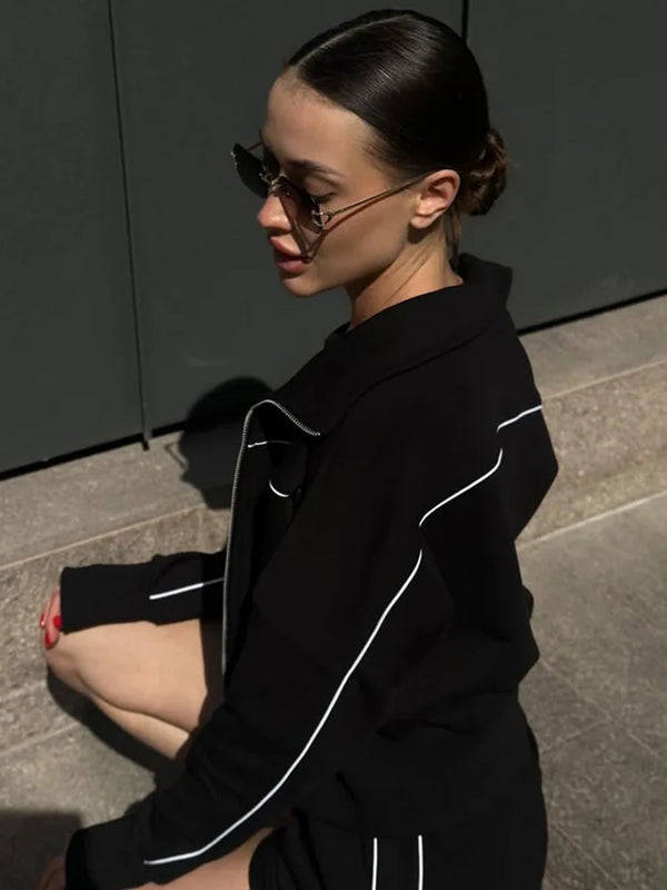 2026 Spring/Summer Casual Women's Stand up Collar Jacket Loose Shorts Long Sleeve Zipper Pocket Coat Fashion Sports Set