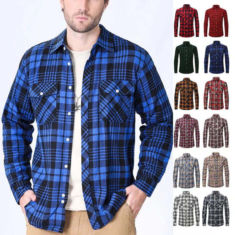 American size men's long-sleeved shirt autumn and winter flannel coat plaid casual non-ironing large size with pockets