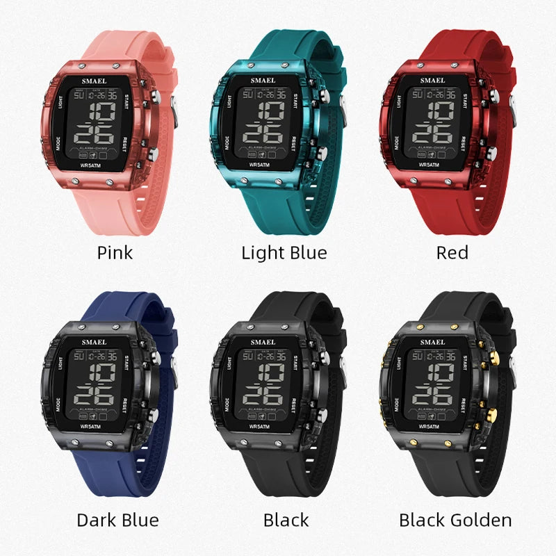 SMAEL Outdoor Sports Watches Fashion Leisure Men Watches 5ATM Waterproof Rectangle 8108 LCD Display Digital Student Wristwatches