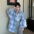 Lazy BF style shirt jacket for spring 2024 new retro plaid loose lantern long sleeved outerwear versatile top women's fashion
