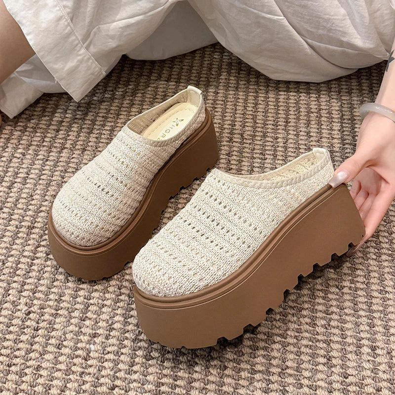 Women Ladies Summer Hollow Knit Mesh Chunky Wedge Heels Platform Round Toe Clogs Slides Casual Lazy Mules Sandals Slippers Shoes