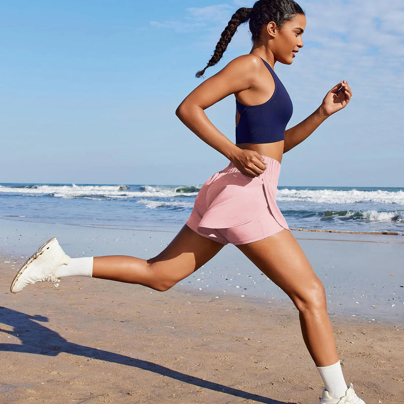 Porty Lady Solid Color High-Waist Yoga Running Double-Layered Anti-Glare Fitness Tight-Fitting Sports Shorts