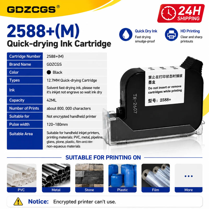 2588+ 2588 2588+M 42ML Ink Cartridge Quick-drying 12.7mm Print Height Universal for unencrypted handheld printer Black