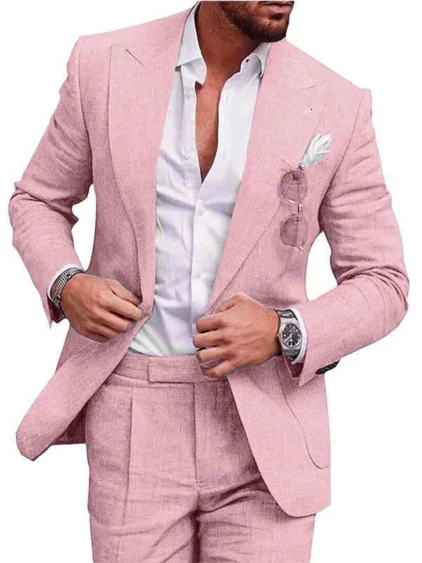 Men‘s Linen Pant Suit Set Plus - size Black Blue Single Button 2 - Piece Summer Business Formal Casual - View 14 | SAMAG