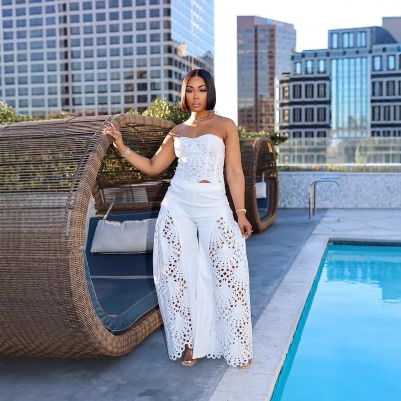 Female Fashion sexy Strapless Design Hollowed Top Pants 2 Piece Set Women Tank Chic Solid Sleeveless Vest Straight Pant Suit