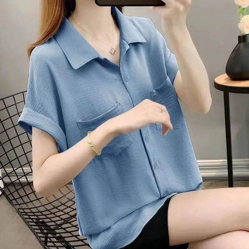 2026 New Faion Loose Materni Summer irt Women's Thin ort Sve Polyester  Collar Button up Casual Top