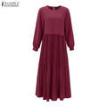 ZANZEA Women Modest Plisse Maxi Dress O-Neck Long Sleeve | SAMAG