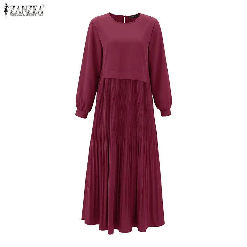 ZANZEA Women Modest Plisse Maxi Dress O-Neck Long Sleeve | SAMAG