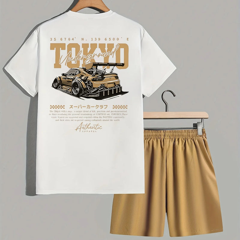 Men's Summer Coconut Tree Racing Printed Comfortable Breathable Round Neck T - shirt Drawstring Shorts Set - View 4 | SAMAG