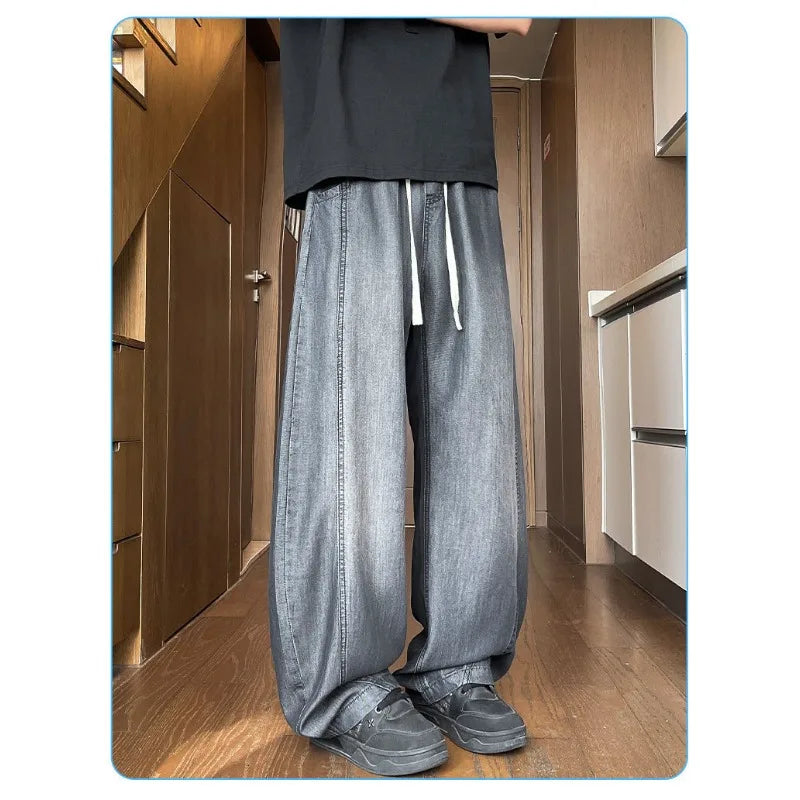 Men Lyocell Wide Leg Jeans Lightweight Drawstring | SAMAG