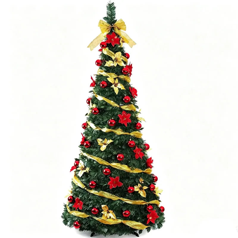 Pre-Decorated Christmas Tree Red Baubles Golden Ribbons Poinsettia Flowers Easy Assembly Xmas Pine Tree for Home Holiday Decor