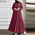 ZANZEA Women Modest Plisse Maxi Dress O-Neck Long Sleeve | SAMAG