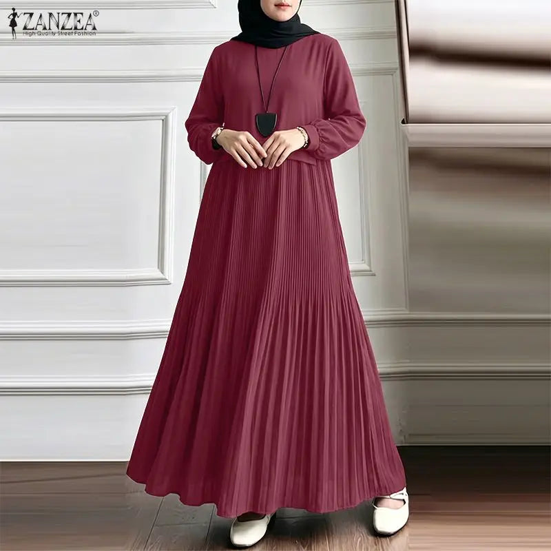 ZANZEA Women Modest Plisse Maxi Dress O-Neck Long Sleeve | SAMAG