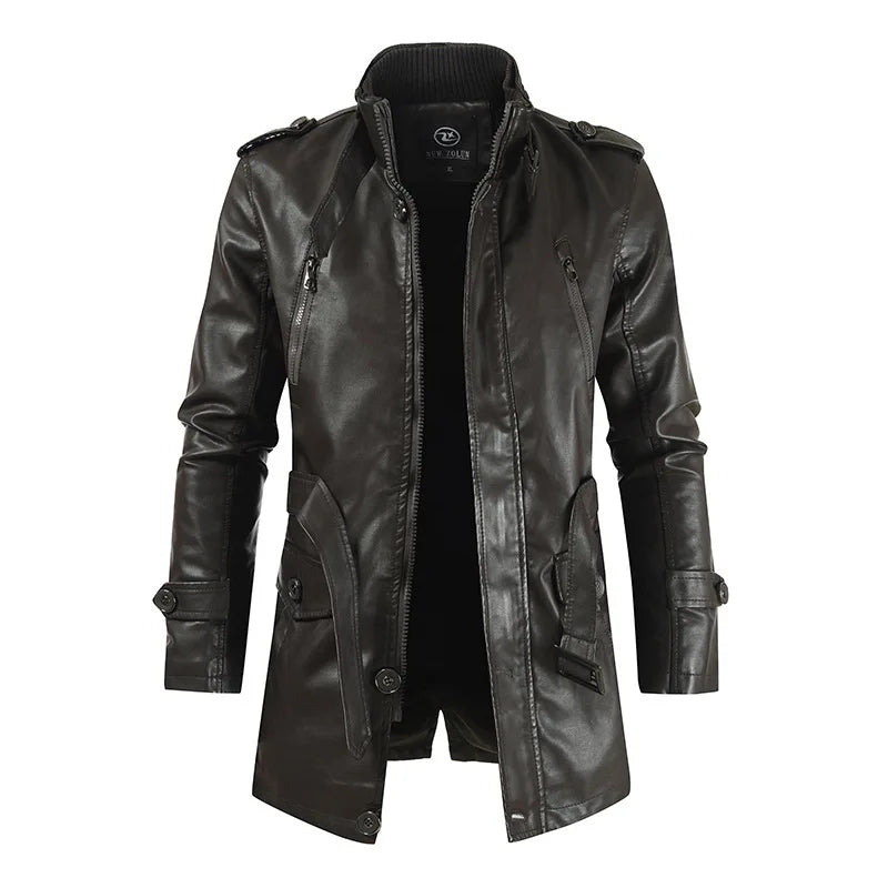 Autumn And Winter New Men's Medium And Long Leather Jacket Stand-up Collar Piled Thickened PU Leather Jacket