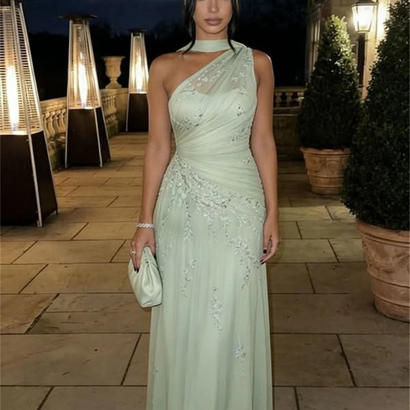 EGS Customized A-line Light Green Floral Embroidery Prom | SAMAG