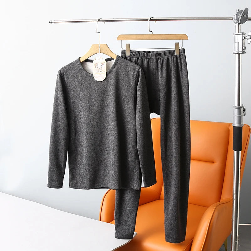 Upgraded Version Men's Thermal Wool Silk Underwear Set Self-Heating Double Warmth Velvet Knitted Fabric Long Sleeve round Neck