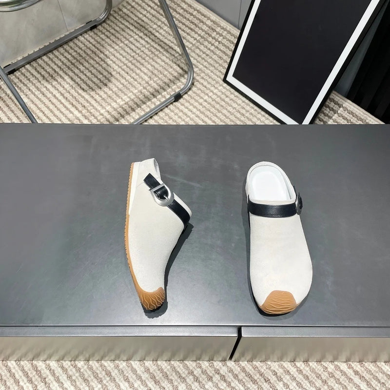 2026 New Arrival Women Mule Clogs Buckle Strap Spliced Leather Flat Backless Slip‑On Casual Slippers--wy87