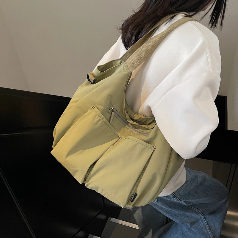 Large Capacity Waterproof Nylon Shoulder Bags Women Korea Style Cloth Hobo Bags Many Outer Bag Casual Totes Soli Tooling Bags