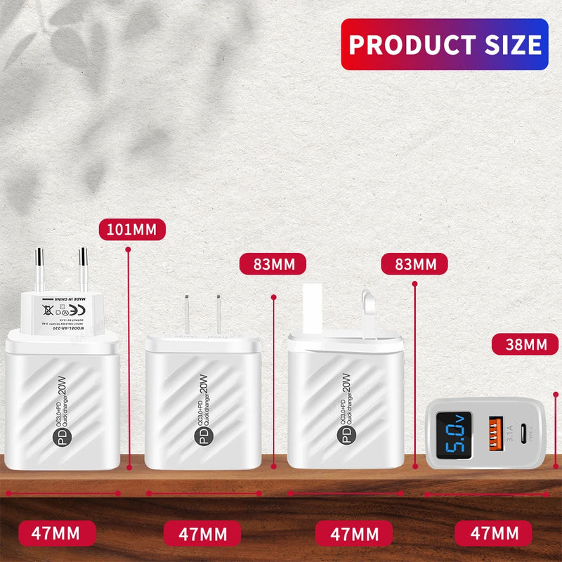 PD 20W USB C Charger Fast Charging Type C Wall Charger For iPhone 14 Samsung Xiaomi Huawei Digital Display Phone Charger Adapter