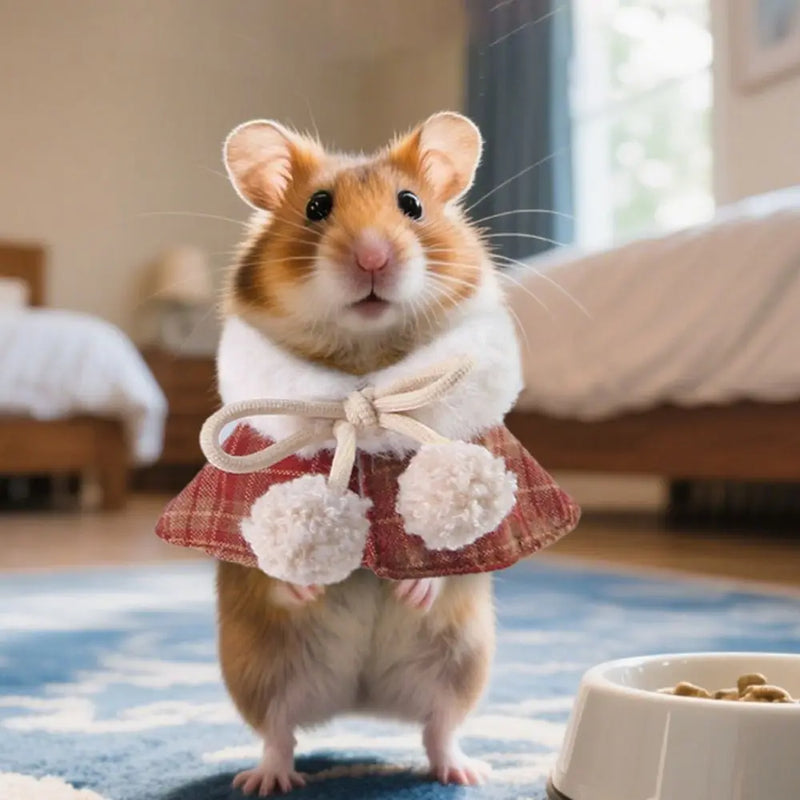 Cute Warm Plaid Hamster Cape Windproof Comfortable Furry Collar Scarf Set Adjustable Pet Transformation Outfit Costume Party