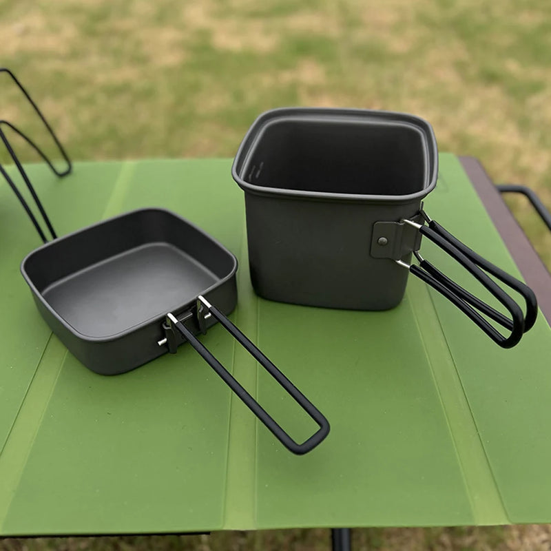2 In 1 Folding Frying Pan Cooking Pot Aluminum Alloy Camping Cookware Set Barbecue Square Pot Pan for Fishing Hiking Riding