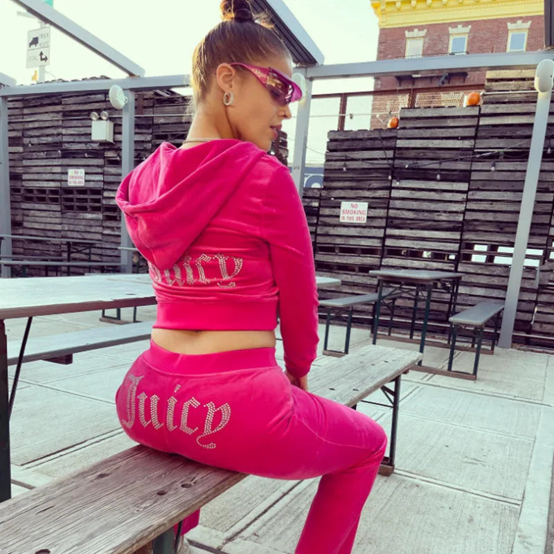 New Women's Hooded Sweatshirt Suit Zipper Cardigan Hot Diamond Fashion Street Velvet Casual Female Pants 2-piece Set