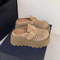 Women's Summer Perforated Mules | Retro Suede Adjustable Buckle Closed-Toe Slides | Platform Wedge Sandals for Height Boost