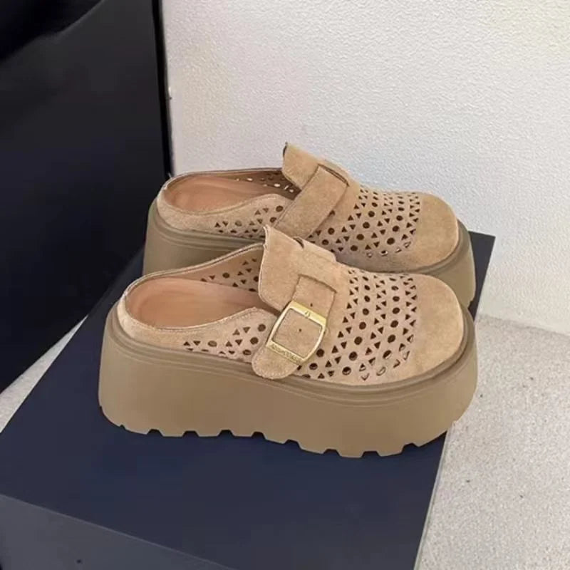 Women's Summer Perforated Mules | Retro Suede Adjustable Buckle Closed-Toe Slides | Platform Wedge Sandals for Height Boost