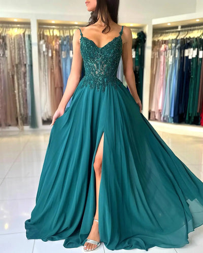 Green Chiffon Evening Dress Women Elegant Applique | SAMAG