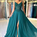 Green Chiffon Evening Dress Women Elegant Applique | SAMAG