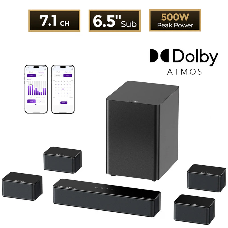 ULTIMEA Poseidon D80 Boom 7.1ch 500W Dolby Atmos Soundbar, Wireless Subwoofer & 4 Surround Speakers, Home Theater TV,APP Control