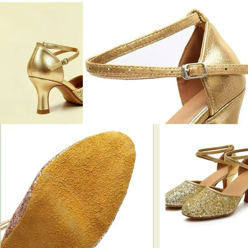 Glitter Women Latin Dance Shoes Closed Toe Ankle Strap Cha Cha Tango Mid Heel Soft Suede Sole Practice Performance Indoor Pumps