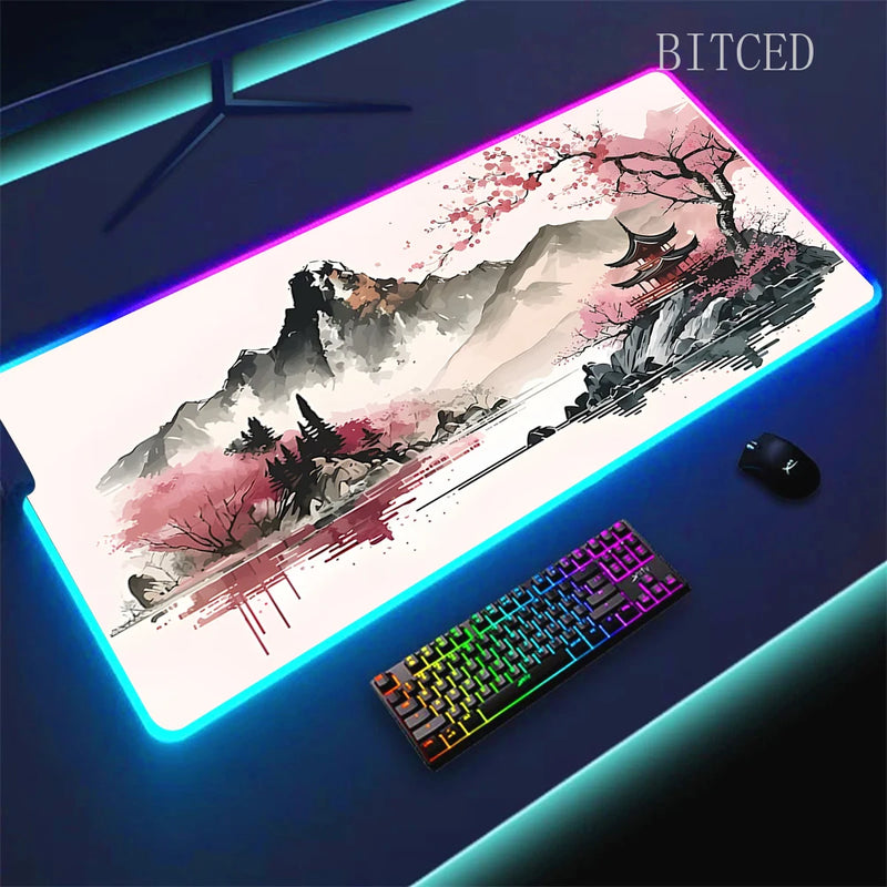 RGB Sakura Scenery  Mousepad Japan Cherry Blossom Gaming Non-slip Table Pad Glowing Keyboard Mouse Pad Laptop Mat With Backlight