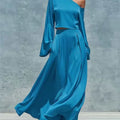 Womens Solid Skirt Two Piece Sets Sexy One-Shoulder Long Sleeve Crop Top  + Slim Long Skirt Set Autumn Casual Party 2pcs Outfits