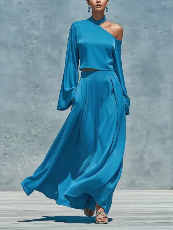 Womens Solid Skirt Two Piece Sets Sexy One-Shoulder Long Sleeve Crop Top  + Slim Long Skirt Set Autumn Casual Party 2pcs Outfits