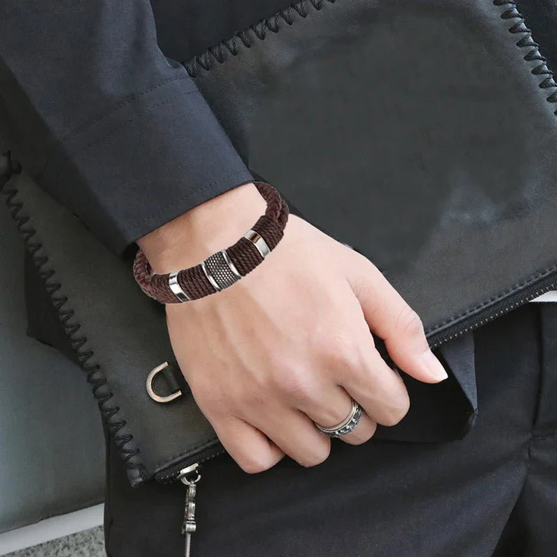 Luxury Vintage Multilayer Brown Leather Stainless Steel  Men Bracelet Bead Bracelet Jewelry Male Wrist Bangle Christmas Gifts