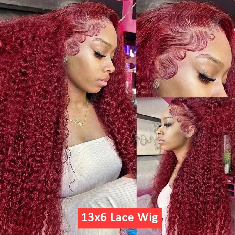 30 38 40 Inch 99J Burgundy Deep Wave Human Hair Wig 13x6 HD Transparent Lace Frontal Wig 200 Density Colored Human Hair Wig Pre Plucked For Women