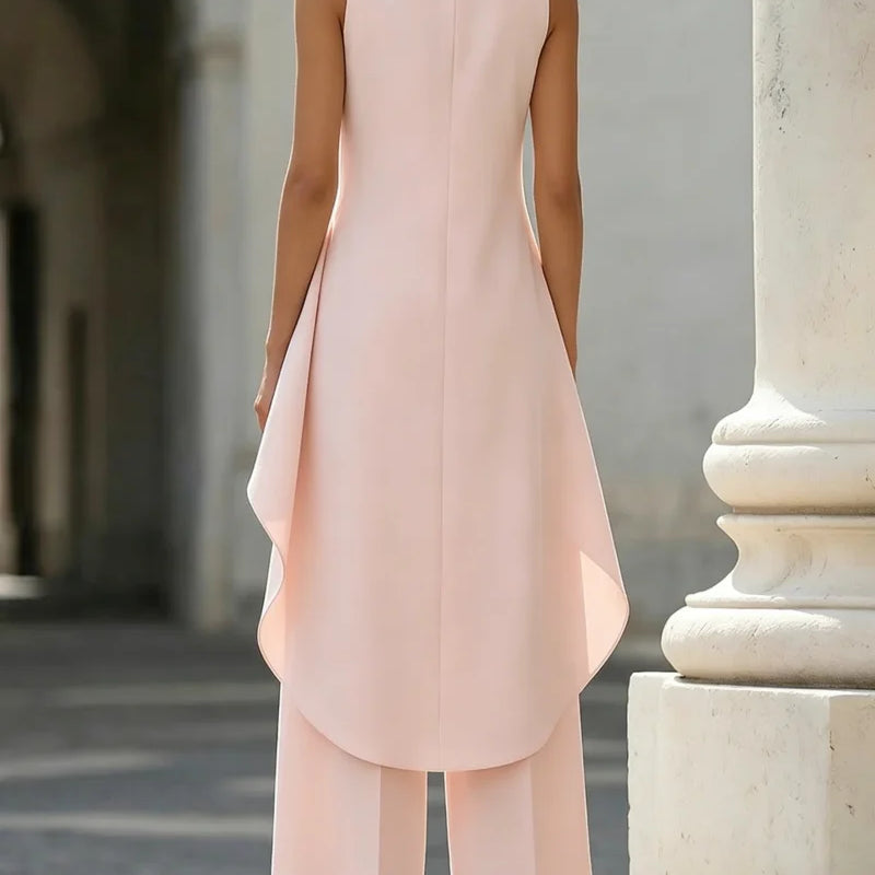 Sleeveless High Neck Jumpsuit With Asymmetric Draped Overlay Wide Leg Culottes Elegant Formal Evening Wear For Women