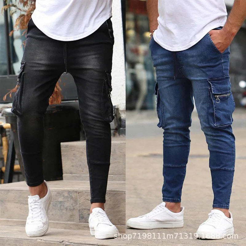 New Jeans Men Pants Wash Solid Color Multi Pockets Denim | SAMAG