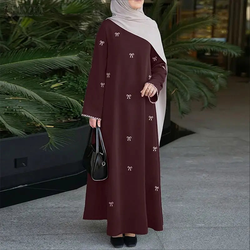 ZANZEA Muslim Modest Bow Printing Maxi Dress Women's | SAMAG