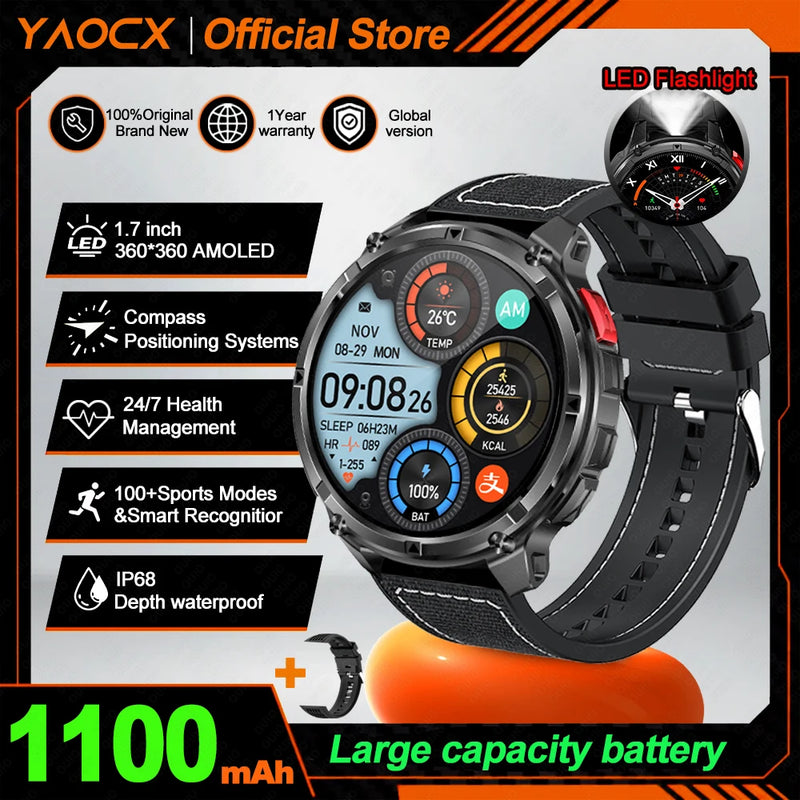 NEW 1100mAh Battery Sports Smart Watch Compass IP68 Waterproof Outdoor Flashlight Voice Assistant Heart Rate BT Call Smart Watch