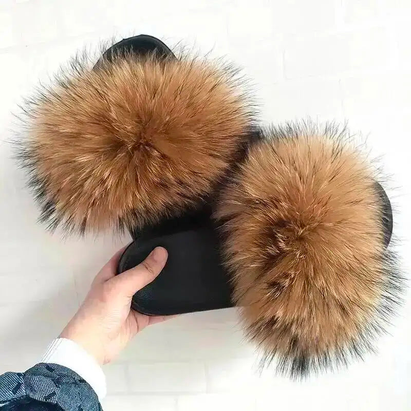 Women Real Raccoon Fur Slides Fluffy Luxury Furry Open Toe Slippers Indoor Outdoor Summer Sandals Non Slip Soft Comfy Sole Cozy