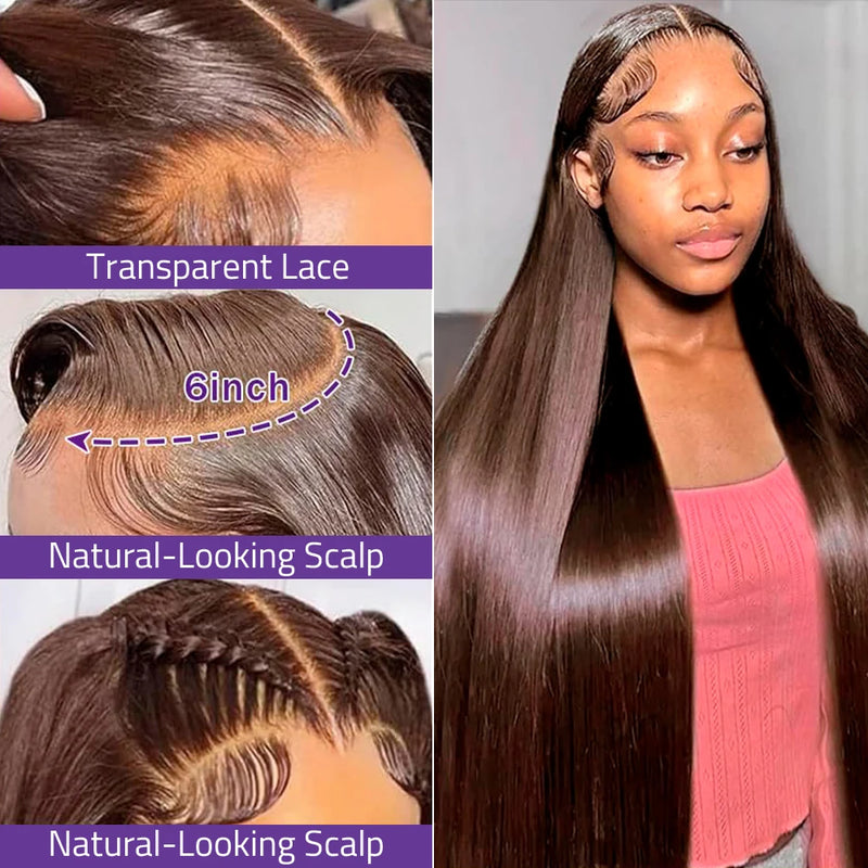 30 40 46 Inch Bone Straight Chocolate Brown13x6 HD Lace Front Human Hair Wigs Pre Plucked Dark Brown 13x4 HD Lace Frontal Wig For Women