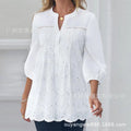 Women's Fashion Shirt Top White Lace Hollow Out V - Neck - View 7 | SAMAG