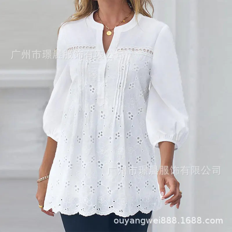 Women's Fashion Shirt Top White Lace Hollow Out V - Neck - View 7 | SAMAG