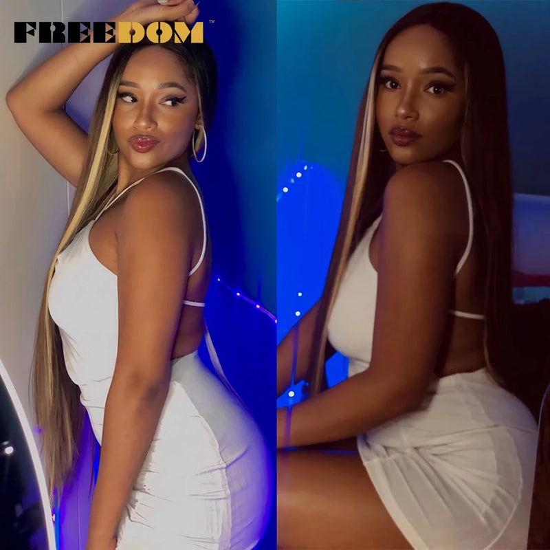 FREEDOM Synthetic Lace Front Wigs For Women Super Long 38Inch Ombre Blonde Highlight Ginger Straight Lace Wigs Cosplay Wigs