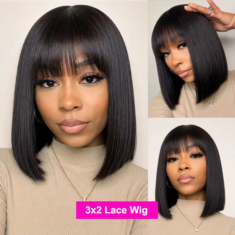 Straight Bob 100% Human Hair Wigs With Bangs 3X2 Middle Part Lace Wig 300 Density Natural Black Short Bob Fringe Wigs For Women