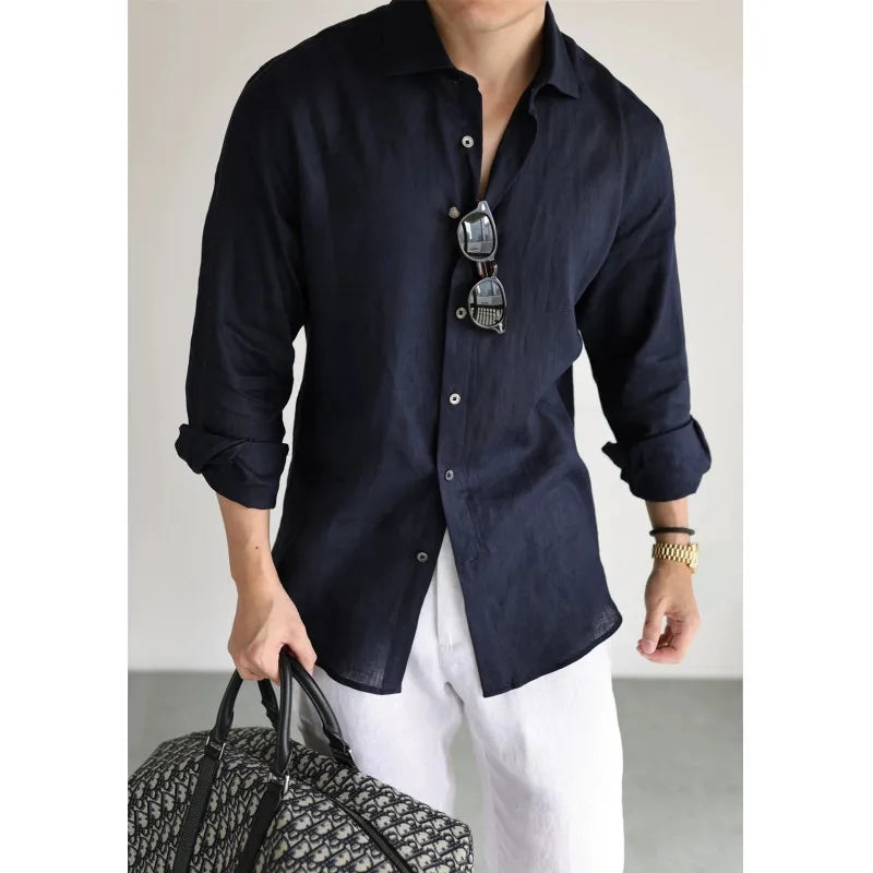 Men's Linen Shirt Cotton Blend Long Sleeve Button Down | SAMAG