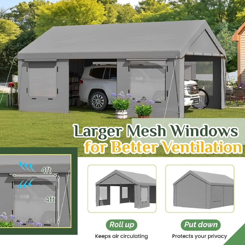 13x20 Ft Heavy Duty Carport with Roll-up Windows，Portable | SAMAG