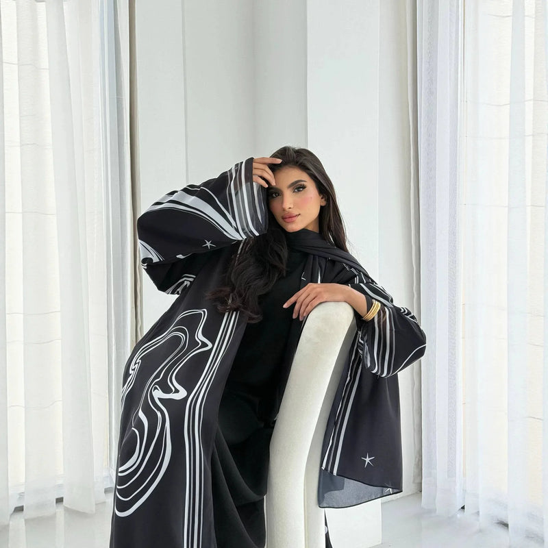 Eid Women Abaya Print Headscarf Cardigan Dress Muslim | SAMAG